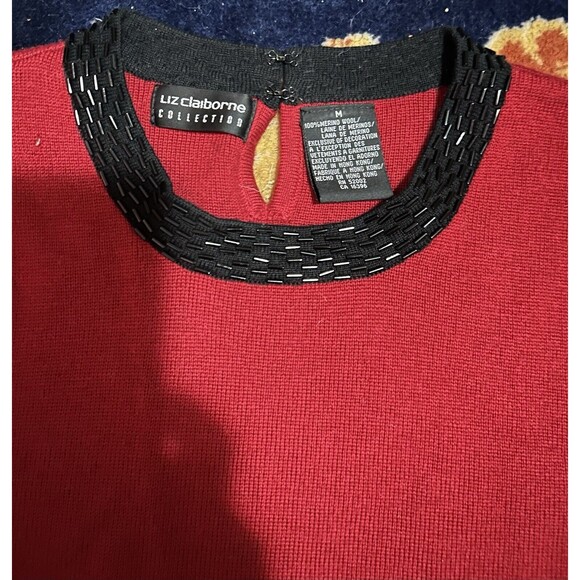 Liz Claiborne 100% Merino Wool Beaded Red Sweater Size M - Picture 2 of 4